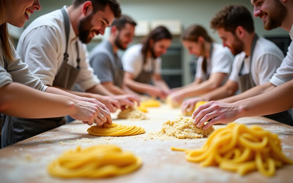 Partecipanti a un corso di cucina mentre preparano la pasta fresca.