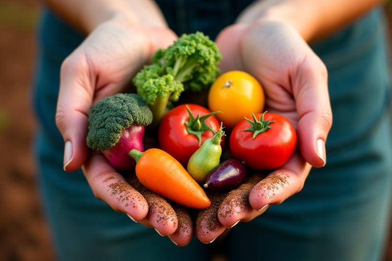 Mani di un agricoltore che mostrano ortaggi freschissimi appena raccolti.
