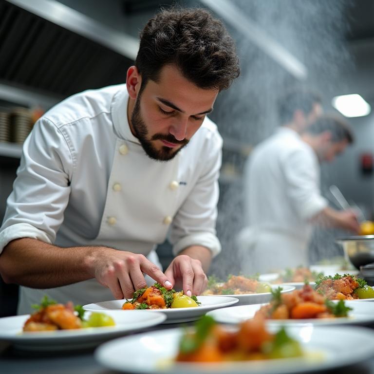 Lo Chef Marco Bianchi concentrato mentre impianta un piatto in cucina.
