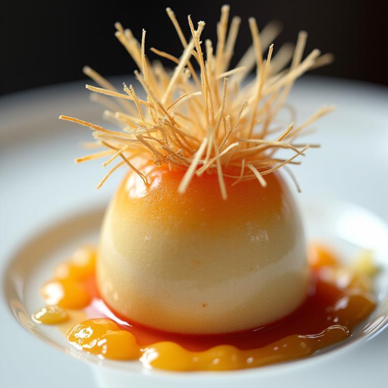 Primo piano di un dessert innovativo con finiture al fieno, un classico di Eco Sapore.