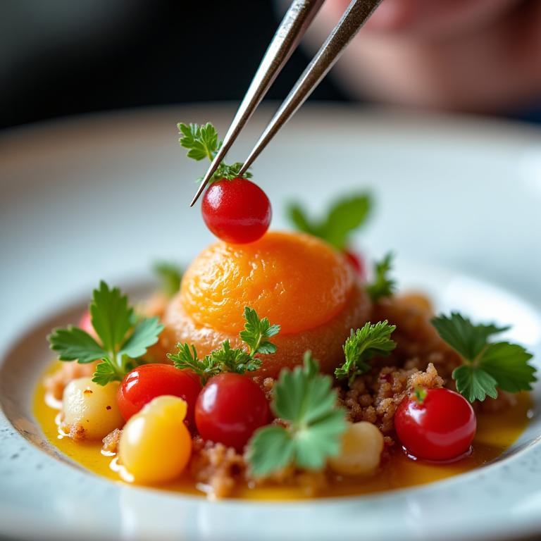 Primo piano di un piatto gourmet con pinzette dello chef che posizionano un elemento.