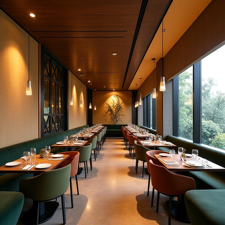 La sala principale del ristorante Eco Sapore con arredi di design e illuminazione calda.