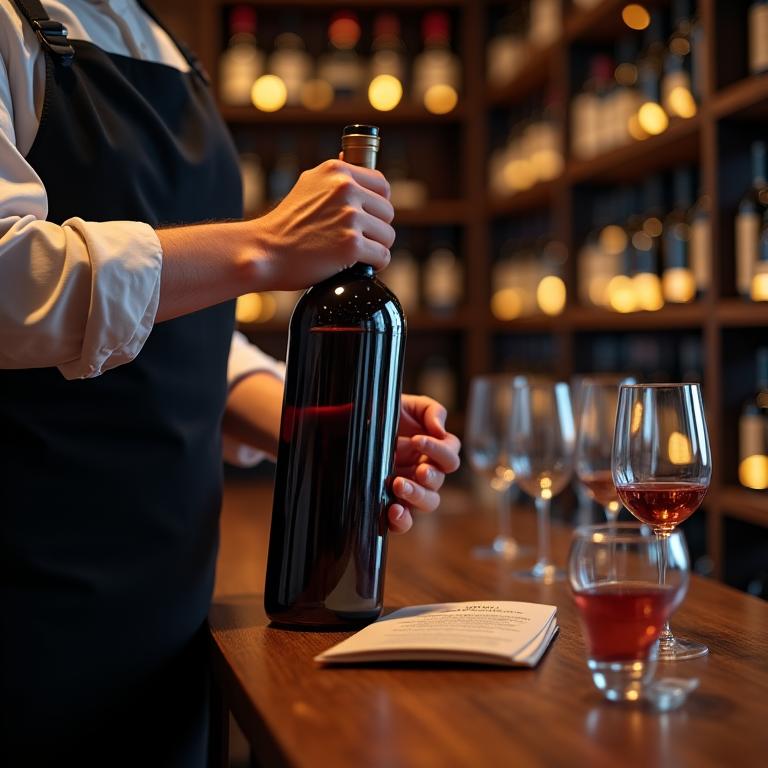 Sommelier che presenta una bottiglia di vino da una cantina ben fornita.